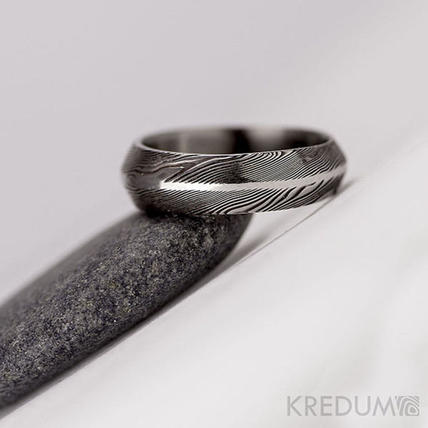 Snubní prsten nerezová ocel damasteel - Steel line - dřevo