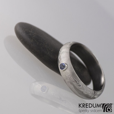 PRIMA a broušený tanzanit ve stříbře - Snubní prsten ocel damasteel, S1962