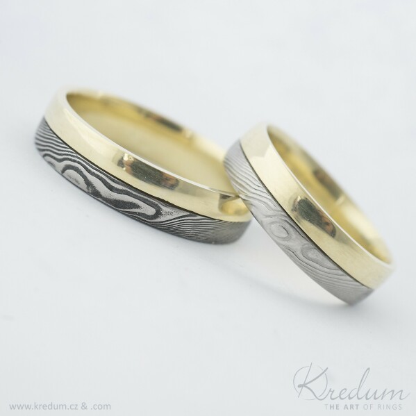 Columba yellow - Zlatý snubní prsten a damasteel, dřevo - k 5552