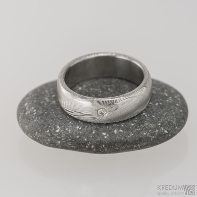 Prima a čirý diamant 1,7 mm, dřevo - Snubní prsten nerezová ocel damasteel, S1422