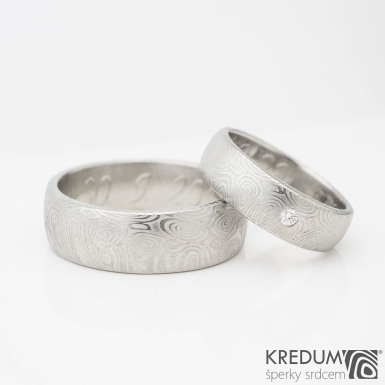 Prima damasteel a čirý diamant 2,3 mm - vzor kolečka - kovaný snubní prsten z nerezové oceli 