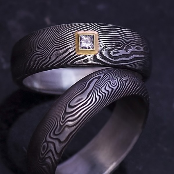 Snubn prsten damasteel - PRIMA + diamant princes 2 x 2 mm ve zlat