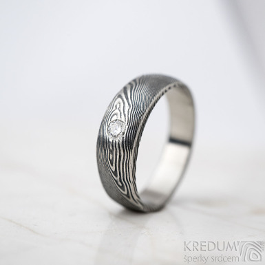 Siona damasteel a čirý diamant 2,7 mm - vzor dřevo - kovaný snubní prsten z nerezové oceli